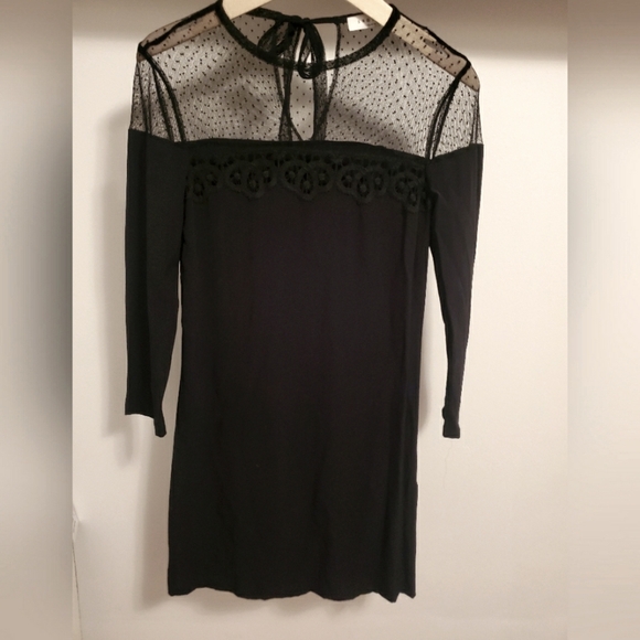 Sandro Paris black dress. Mesh and crochet parts. 3/4 sleeves. Size 1 (4 US). - Picture 1 of 12